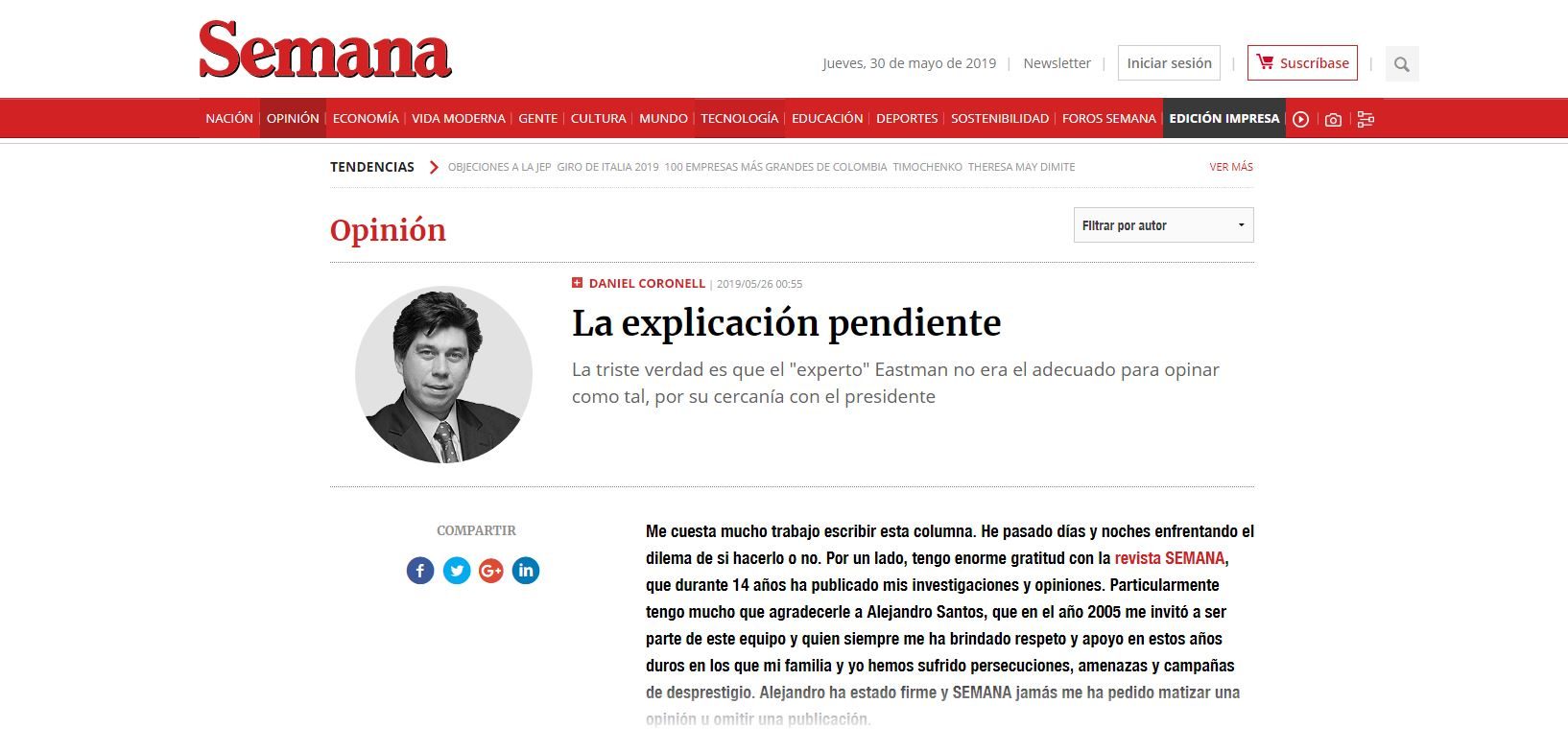 La API muestra su preocupación por la cancelación de la columna del periodista colombiano Daniel Coronell en «Semana» tras denunciar que el medio ocultó una investigación